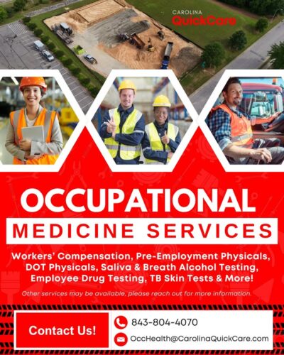 💼 Keep your workforce healthy, safe, and on the job!
Carolina QuickCare provides fast, reliable Occupational Medicine services 7 days a week — including workers’ compensation, DOT and pre-employment physicals, drug and alcohol testing, TB skin tests, and more.

📞 Call us at 843-804-4070
📧 Email: OccHealth@CarolinaQuickCare.com
🌐 Learn more: carolinaquickcare.com/occupational-medicine

#OccupationalMedicine #EmployeeHealth #WorkplaceWellness #CarolinaQuickCare